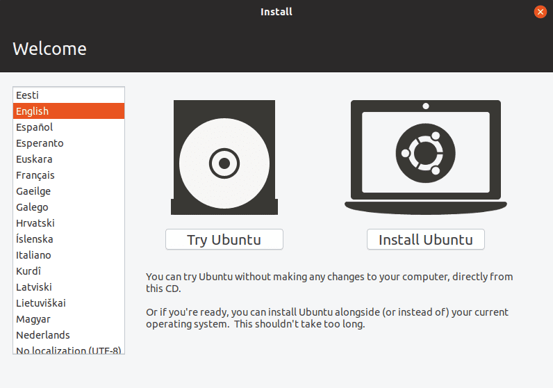 Pantalla de inicio de Ubuntu