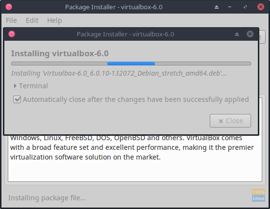 Tenga paciencia mientras se instala virtualbox-6.0.
