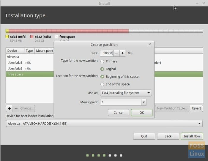 Instalación de Linux Mint - Partición de disco duro