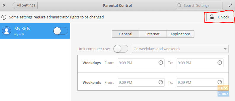 Presione el botón de desbloqueo debajo de la configuración del control parental