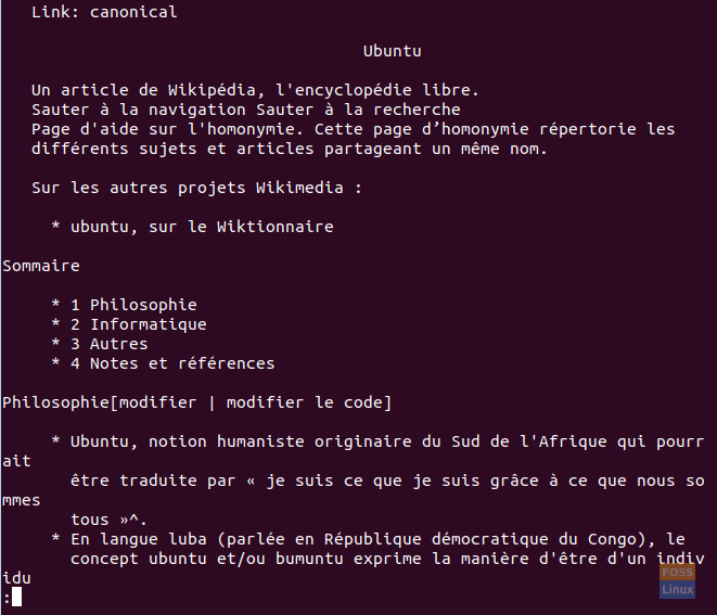 Resultado de los artículos de Ubuntu en Wikipedia con la opción de buscapersonas en idioma francés