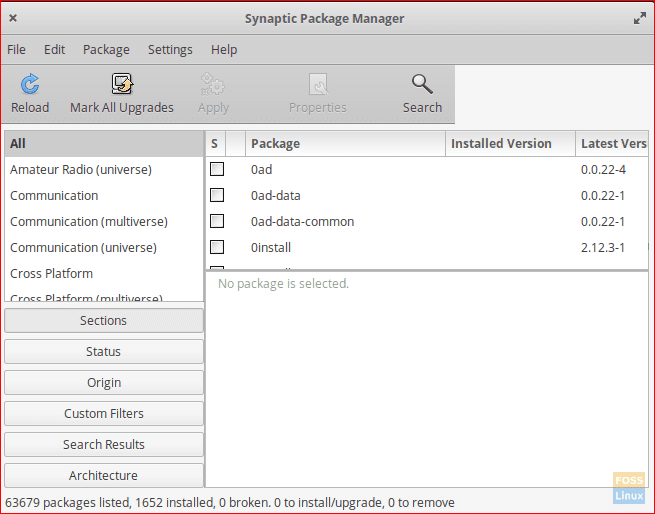 Interfaz Synaptic Package Manager