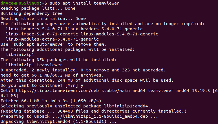 Proceso de instalación de TeamViewer desde la línea de comandos de Ubuntu