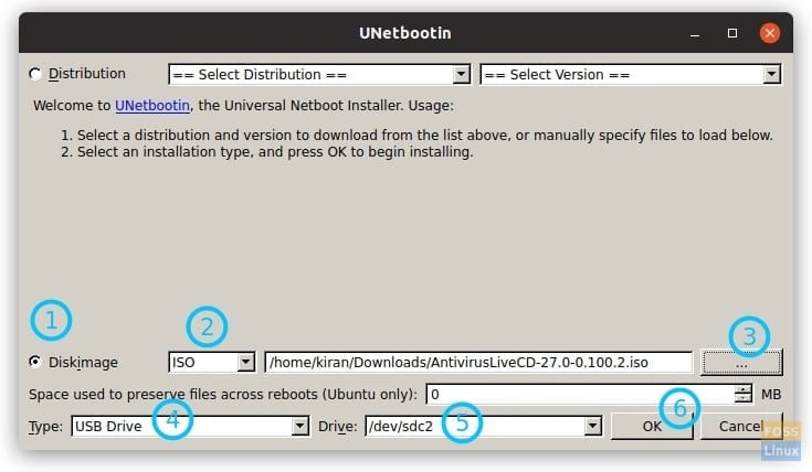 Configuración de UNetbootin para hacer una unidad USB Antivirus