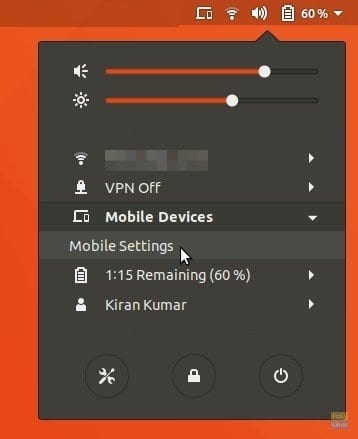 Barra de estado de Ubuntu 17.10 que muestra dispositivos móviles