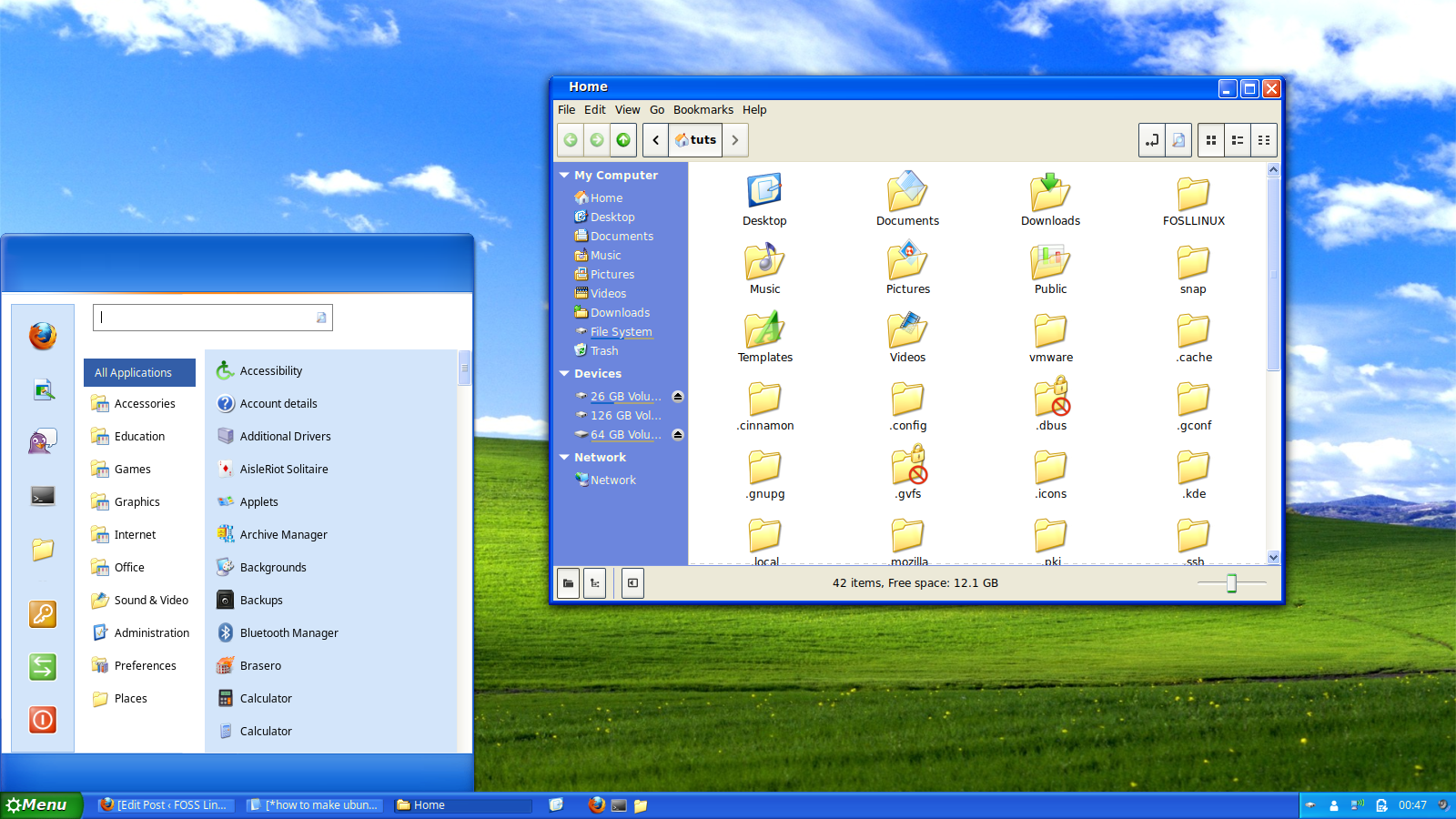 Escritorio de Ubuntu con apariencia de Windows XP.