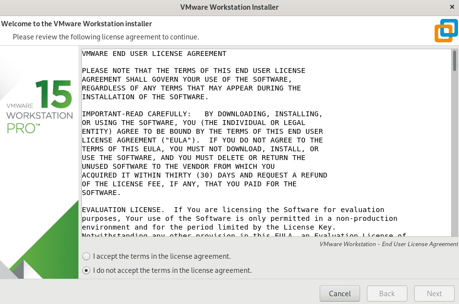 Ventana del contrato de licencia de usuario de VMware