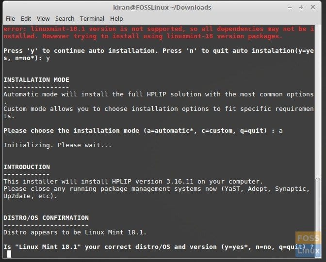 Terminal Linux Mint que muestra la instalación de HPLIP