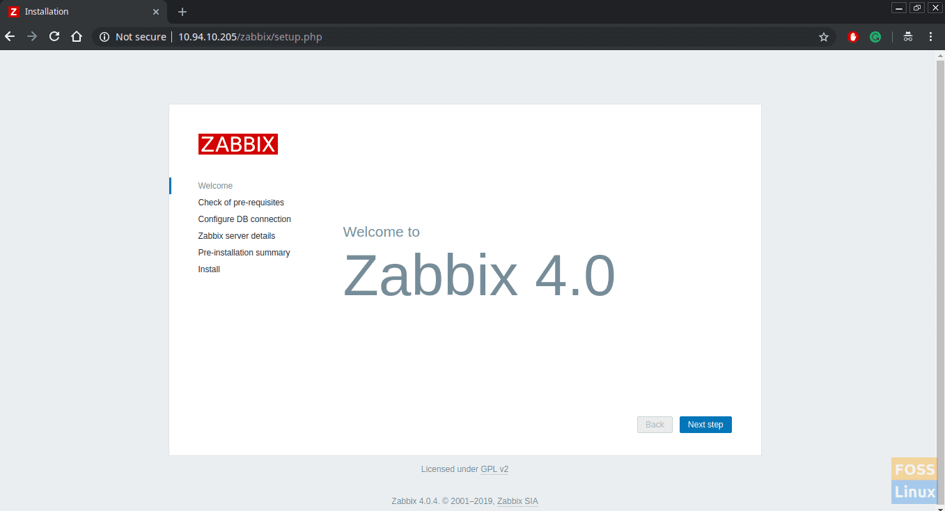 Página de bienvenida de Zabbix