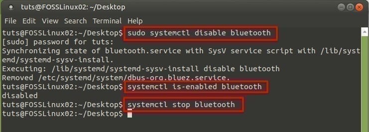 deshabilitar terminal linux bluetooth