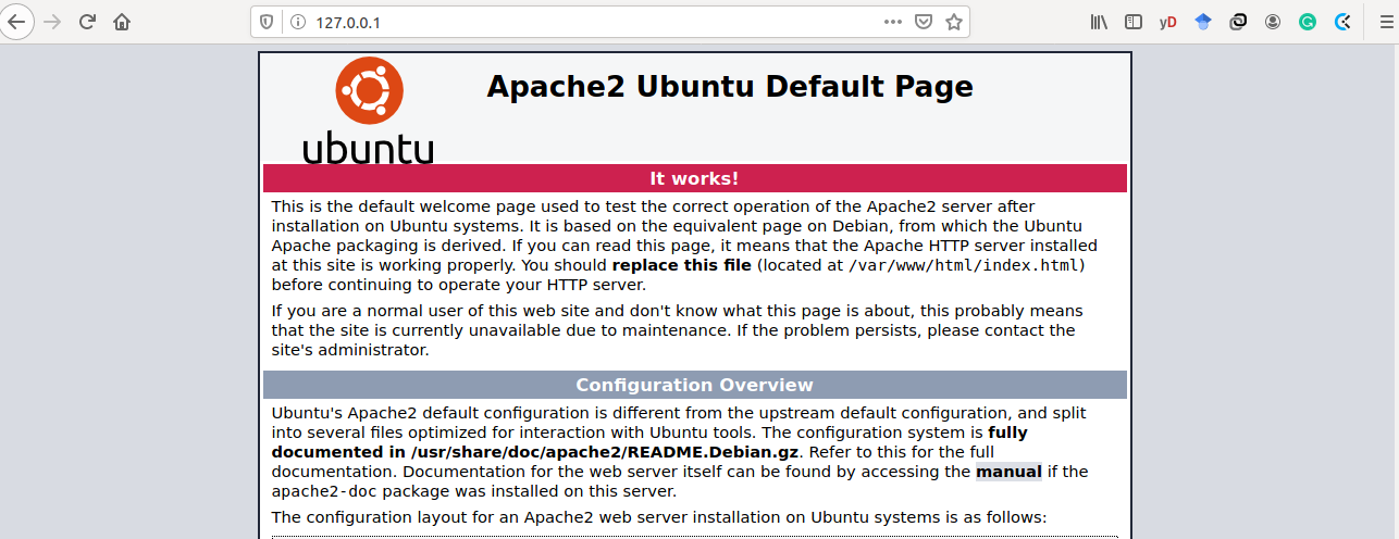 Página de inicio predeterminada del navegador web Apache a través de 127.0.0.1