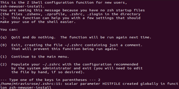 La opción 2 del menú principal de zhs crea y completa el archivo ~ / .zshrc.